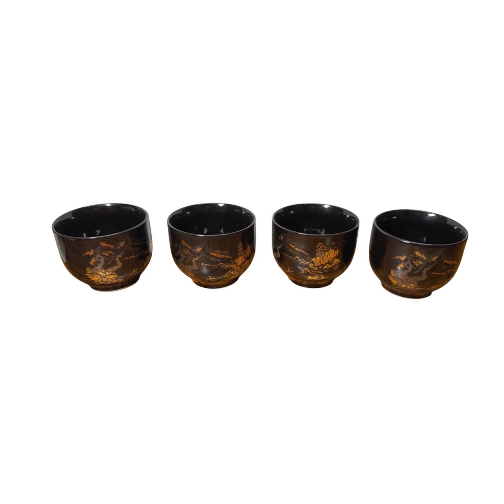 Vintage Japanese Black Porcelain Peacock Vase Ginger Jar Tea Cup Set 7pc Japan - Picture 14 of 15